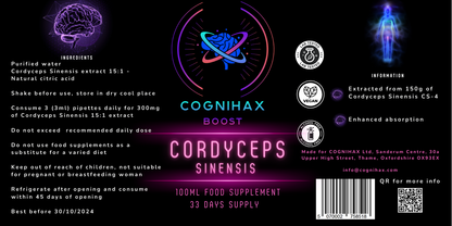 COGNIHAX  Boost - Cordyceps Sinensis liquid mushroom extract non-alcohol water dropper - 100ml bottle. For energy & strength and fatigue - COGNIHAX