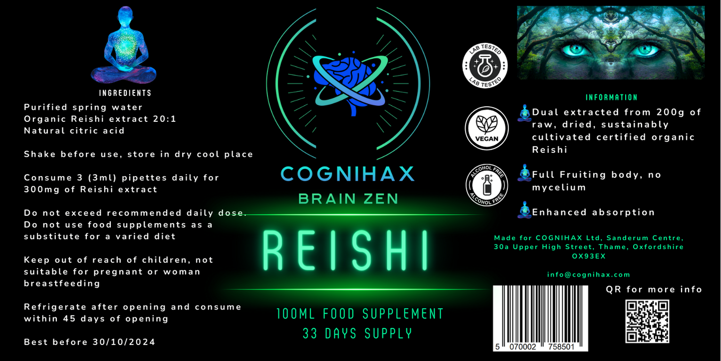 COGNIHAX Brain ZEN - Organic reishi liquid extract extract non-alcohol water dropper -100ml bottle. For immune, sleep and fatigue. - COGNIHAX