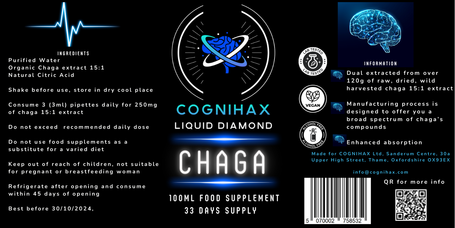 COGNIHAX Diamond - organic chaga liquid extract non-alcohol water dropper - 100ml bottle. - COGNIHAX