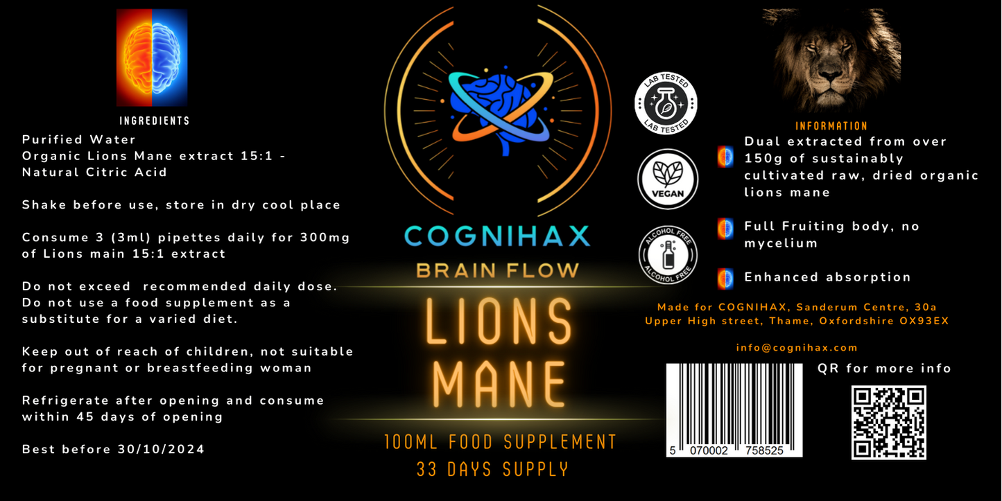 COGNIHAX Brain FLOW- Lion's mane liquid non-alcohol water dropper -100ml bottle. For brain fog & memory function. - COGNIHAX