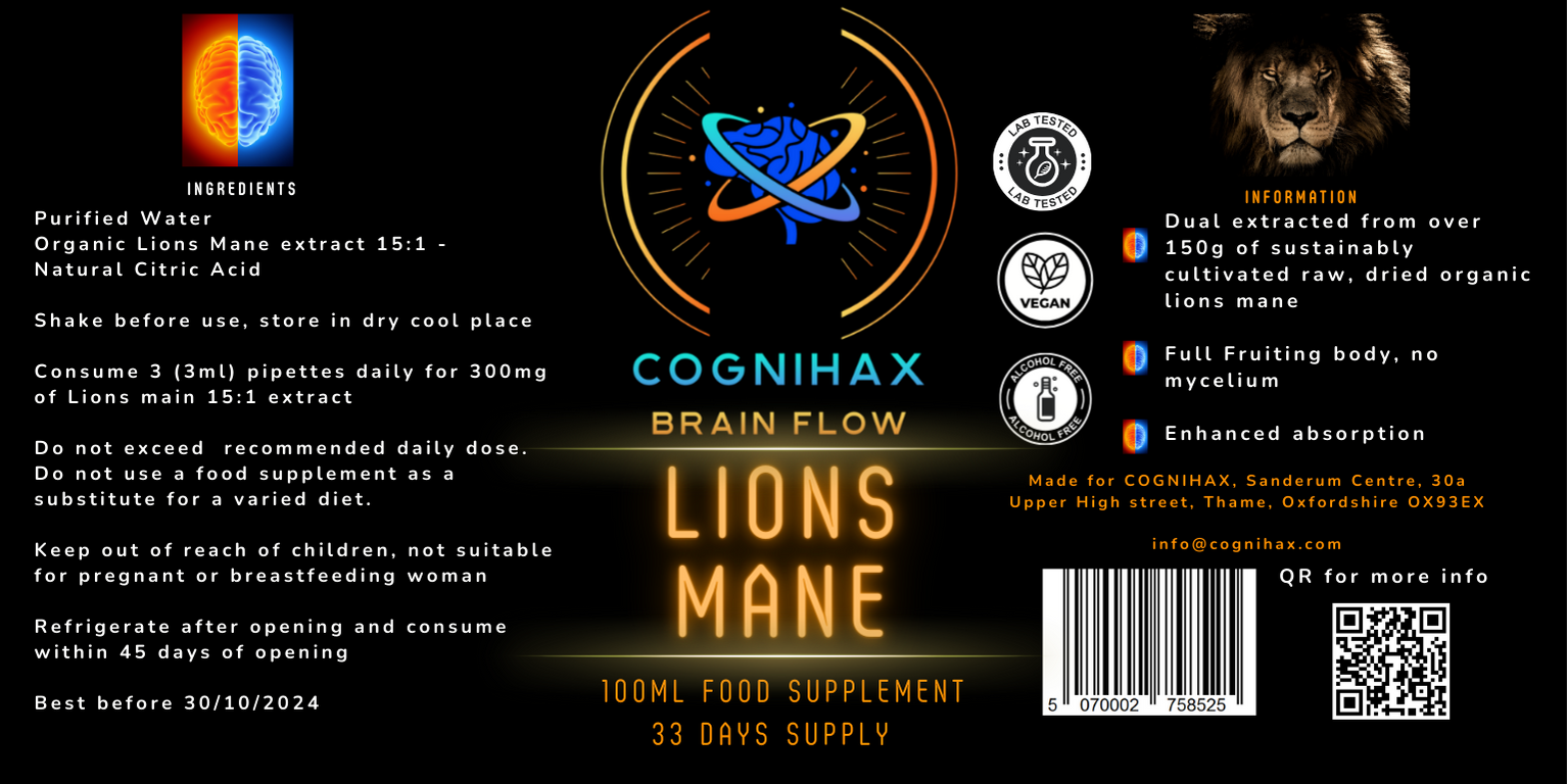 COGNIHAX Brain FLOW- Lion's mane liquid non-alcohol water dropper -100ml bottle. For brain fog & memory function. - COGNIHAX