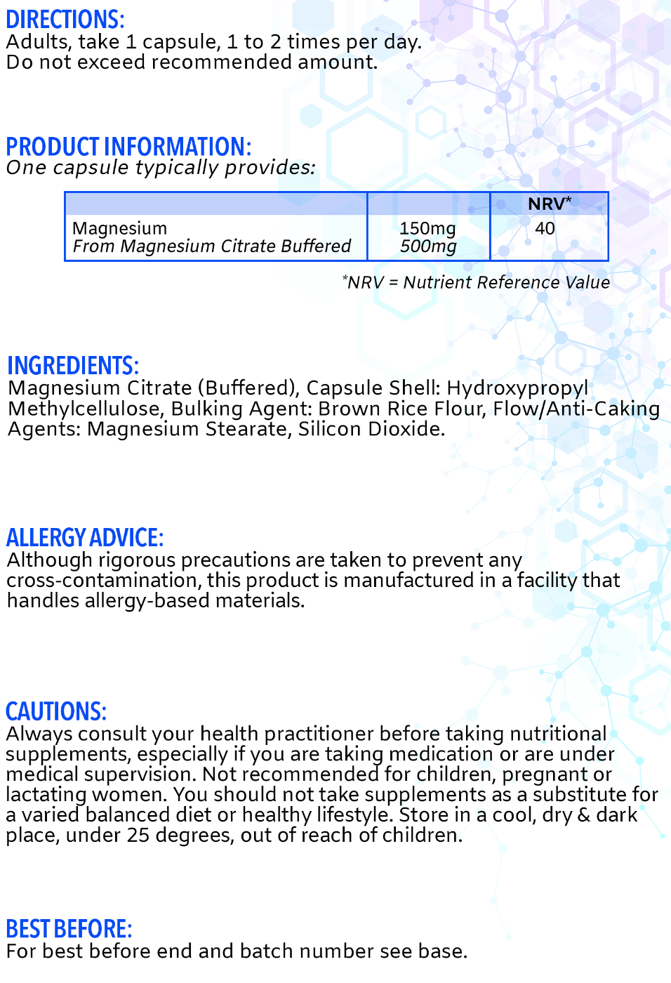 Magnesium Citrate 500mg. 2-4 months supply.